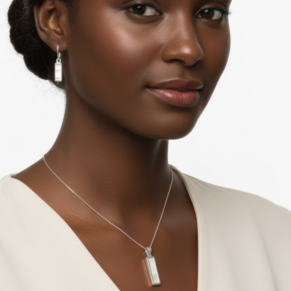 Modern Iridescent Mother-of-Pearl Silver-Tone Pendant & Earring Set SKUJ109